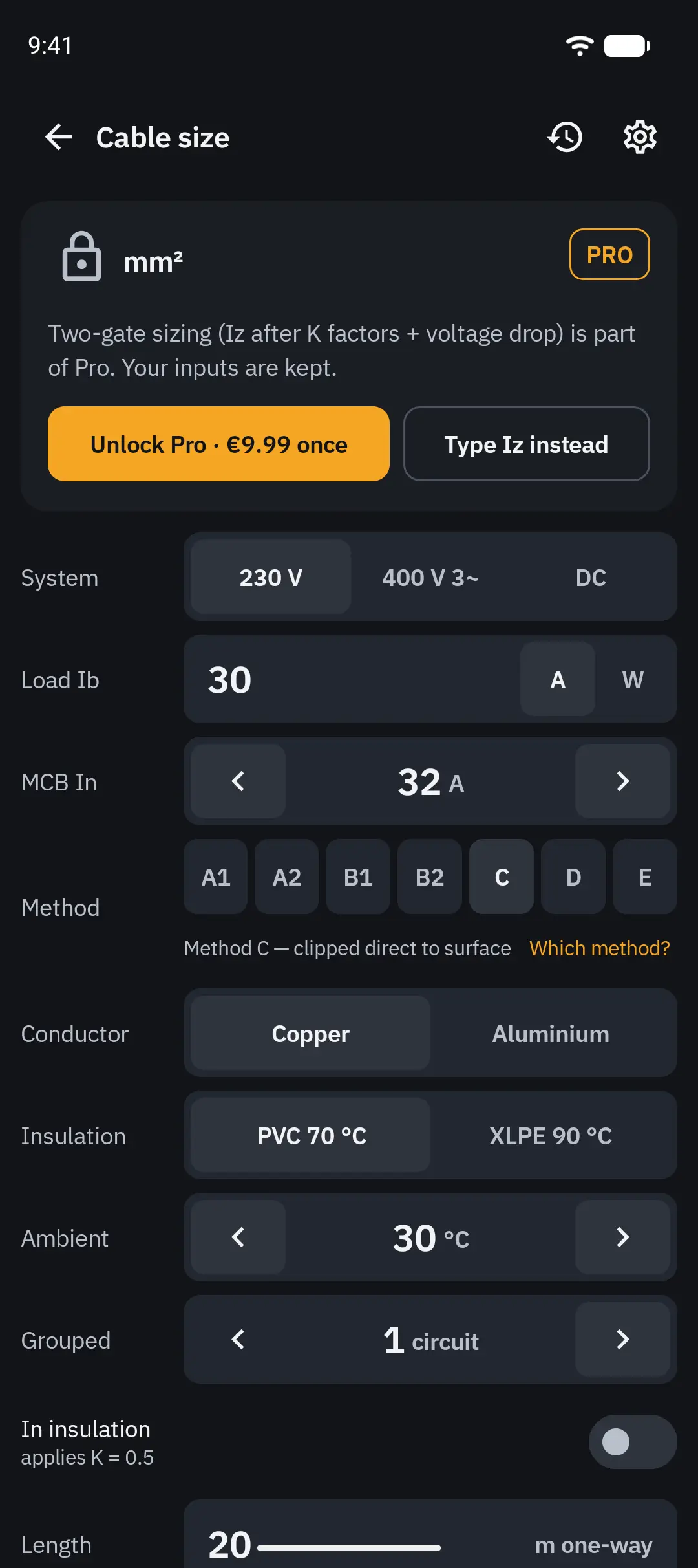 Cable size for a free user: the inputs stay live, only the number is locked.