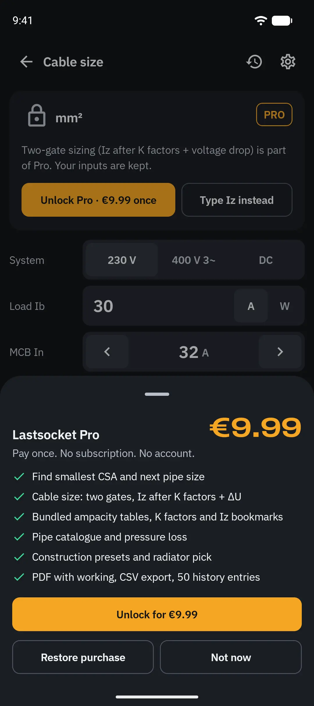 The unlock sheet: pay once, no subscription, no account.