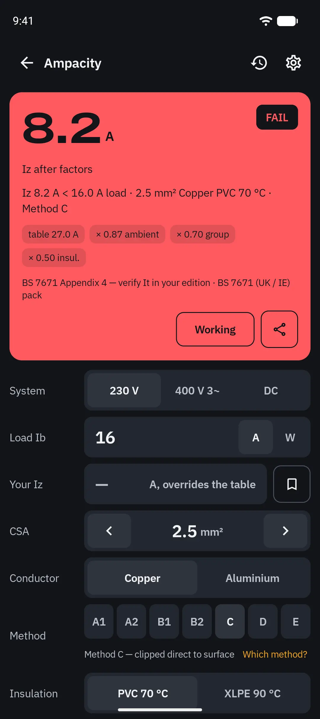 2.5 mm², method C, 40 °C, 3 circuits grouped, in thermal insulation: Iz 8.2 A against a 16 A load — FAIL.