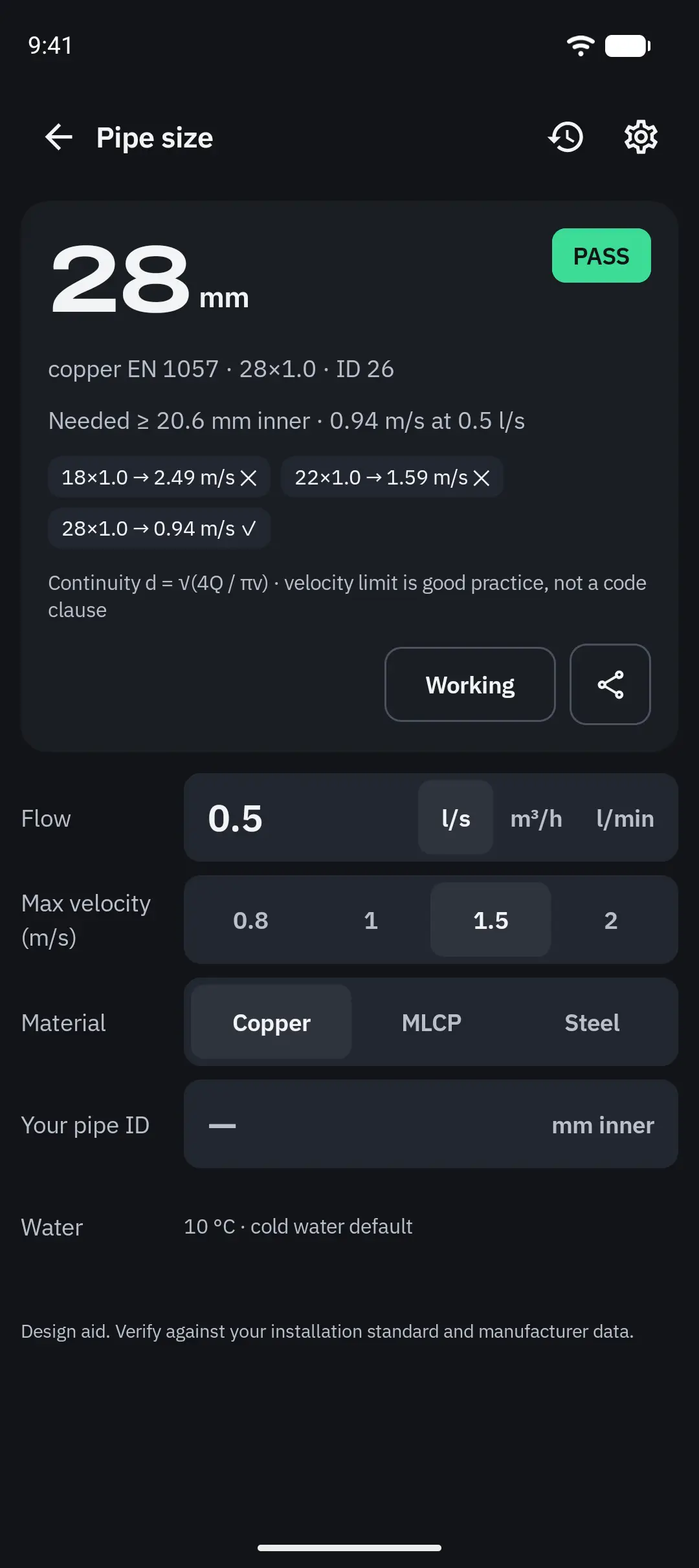 0.5 l/s at 1.5 m/s needs 20.6 mm inside: 22×1.0 runs at 1.59 m/s, so the pick is 28×1.0 at 0.94 m/s.
