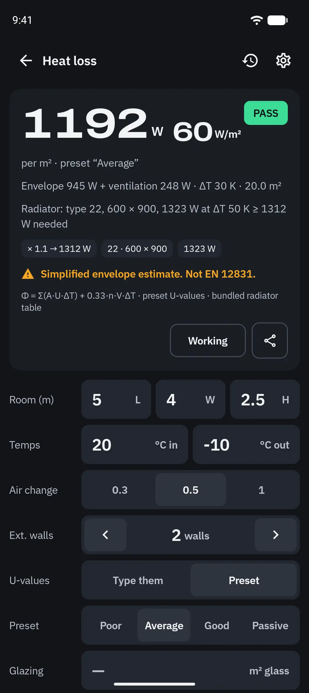 5 × 4 × 2.5 m room, 20 °C inside and -10 °C outside: 1192 W, 60 W/m², and a type 22 radiator 600 × 900 mm.